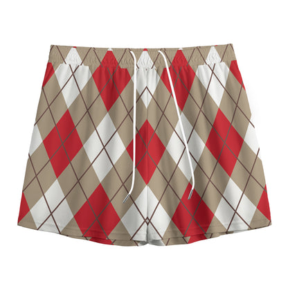 Red White And Beige Argyle Pattern Print Mesh Shorts