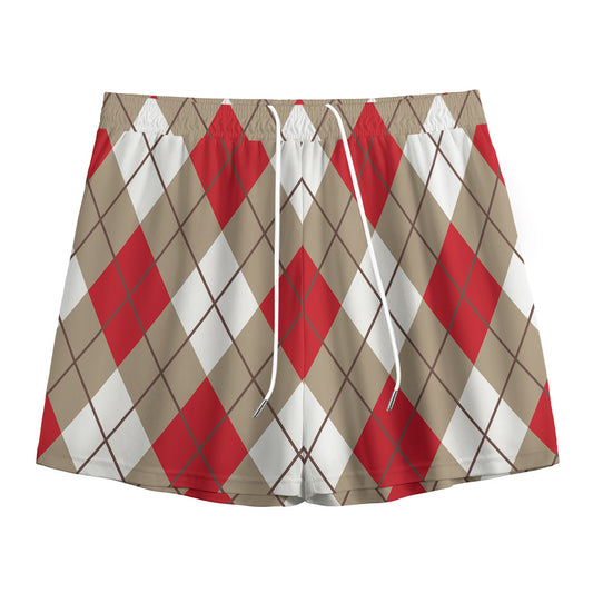 Red White And Beige Argyle Pattern Print Mesh Shorts
