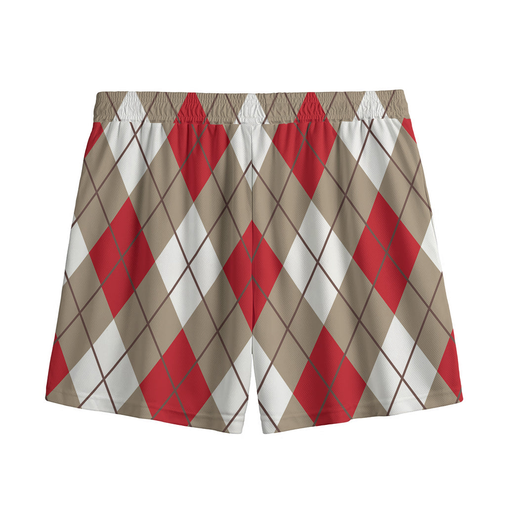 Red White And Beige Argyle Pattern Print Mesh Shorts