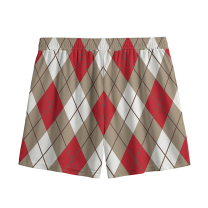 Red White And Beige Argyle Pattern Print Mesh Shorts