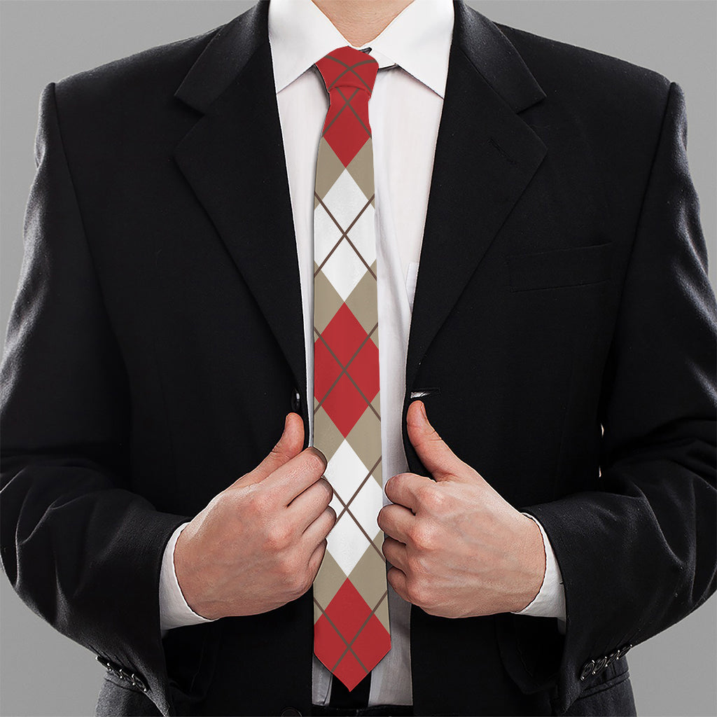 Red White And Beige Argyle Pattern Print Necktie