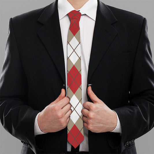 Red White And Beige Argyle Pattern Print Necktie