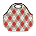 Red White And Beige Argyle Pattern Print Neoprene Lunch Bag