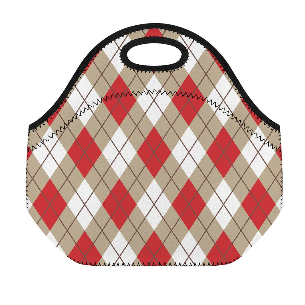 Red White And Beige Argyle Pattern Print Neoprene Lunch Bag