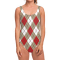 Red White And Beige Argyle Pattern Print One Piece Swimsuit