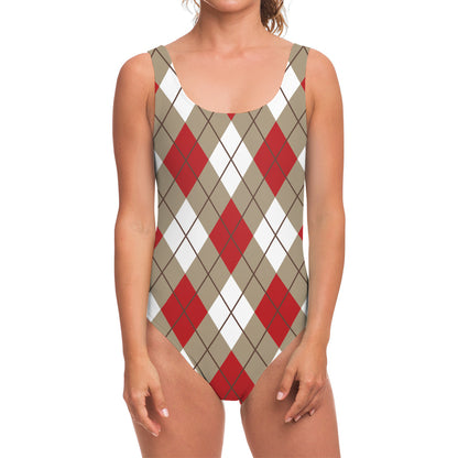Red White And Beige Argyle Pattern Print One Piece Swimsuit