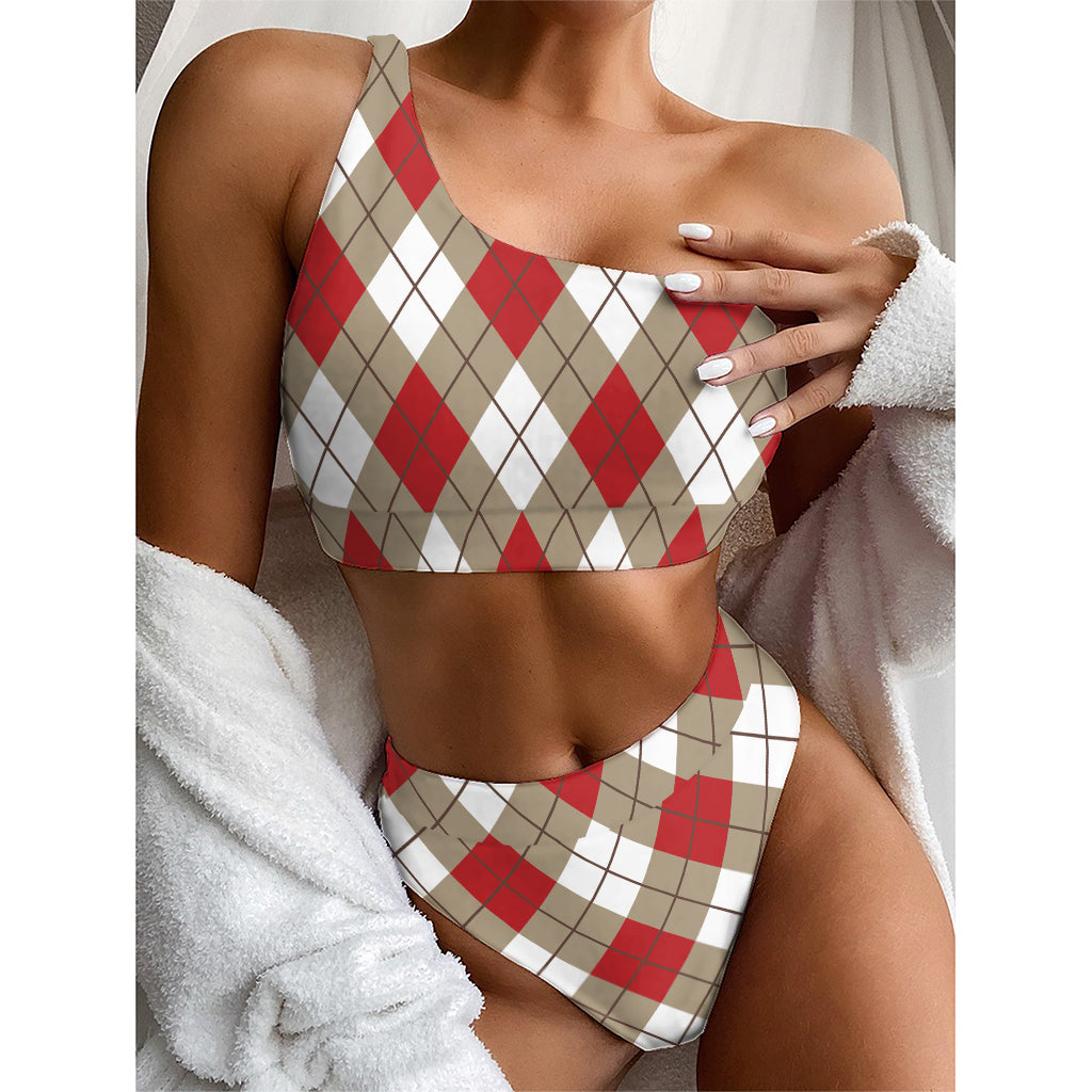 Red White And Beige Argyle Pattern Print One Shoulder Bikini Top