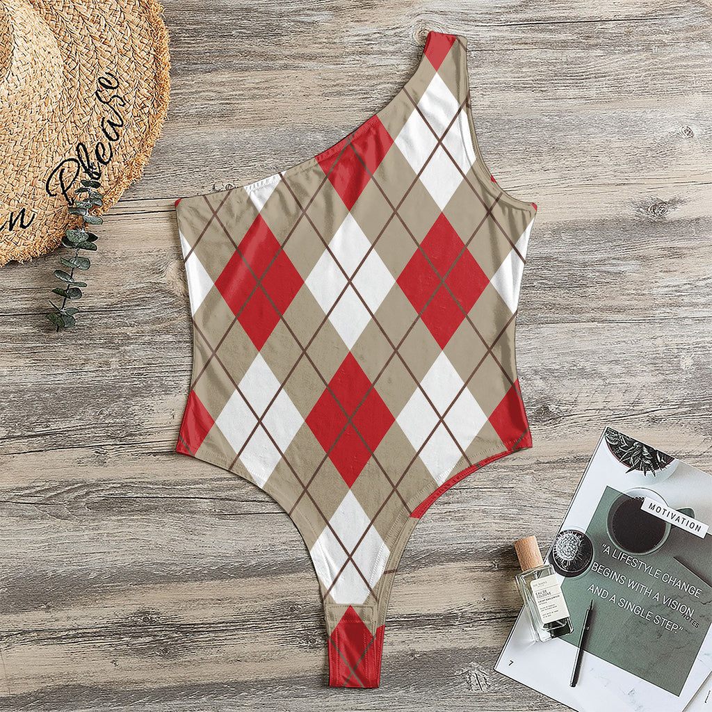 Red White And Beige Argyle Pattern Print One Shoulder Bodysuit