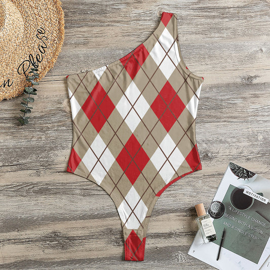 Red White And Beige Argyle Pattern Print One Shoulder Bodysuit