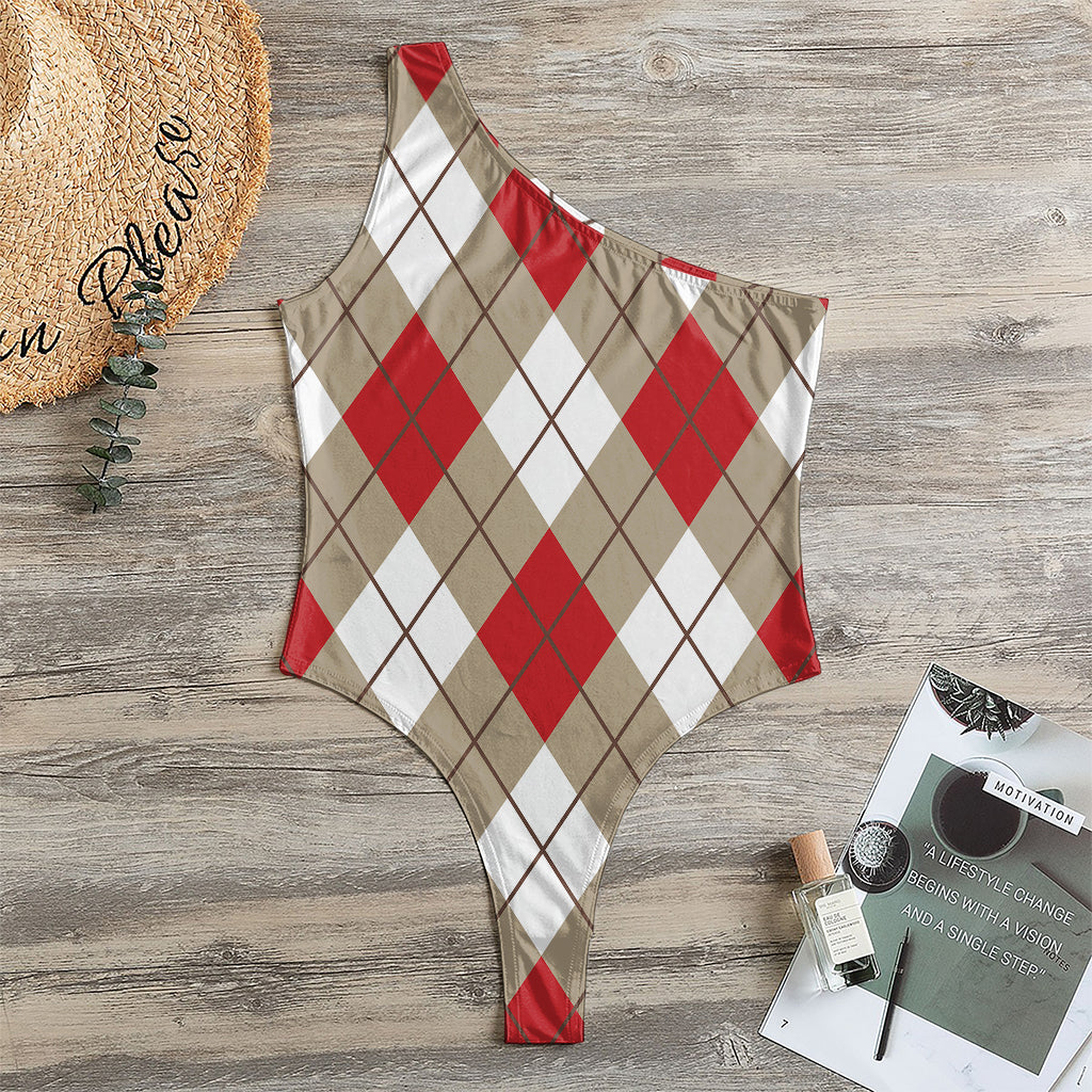Red White And Beige Argyle Pattern Print One Shoulder Bodysuit