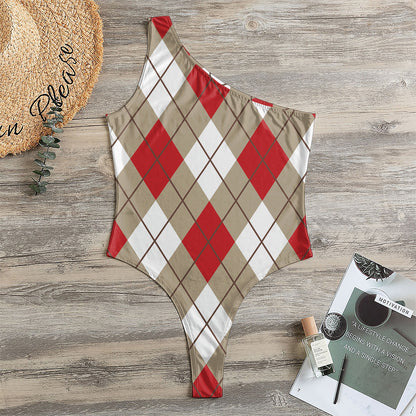 Red White And Beige Argyle Pattern Print One Shoulder Bodysuit
