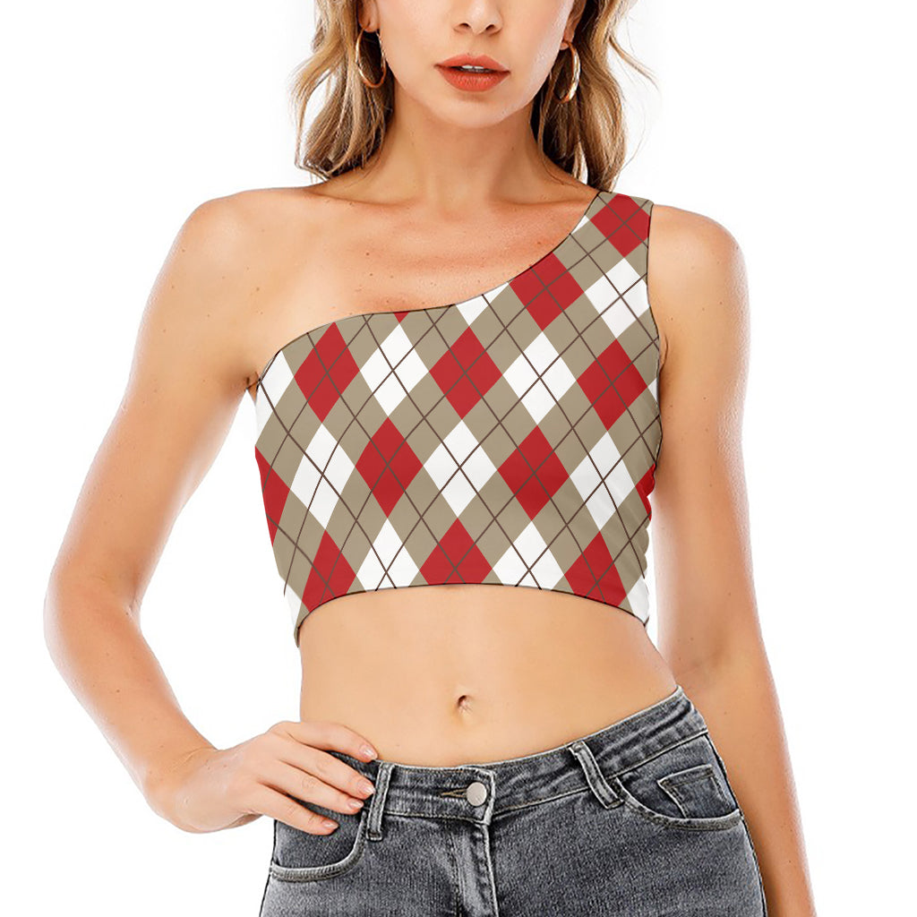 Red White And Beige Argyle Pattern Print One Shoulder Crop Top