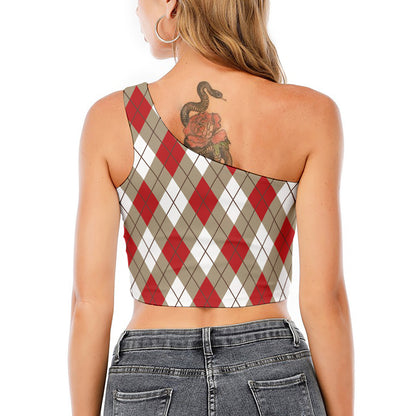 Red White And Beige Argyle Pattern Print One Shoulder Crop Top