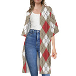 Red White And Beige Argyle Pattern Print Open Front Beach Cover Up