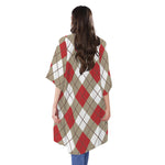 Red White And Beige Argyle Pattern Print Open Front Beach Cover Up