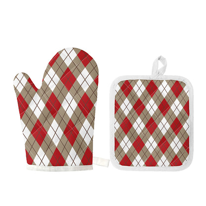 Red White And Beige Argyle Pattern Print Oven Mitt And Pot Holder Set