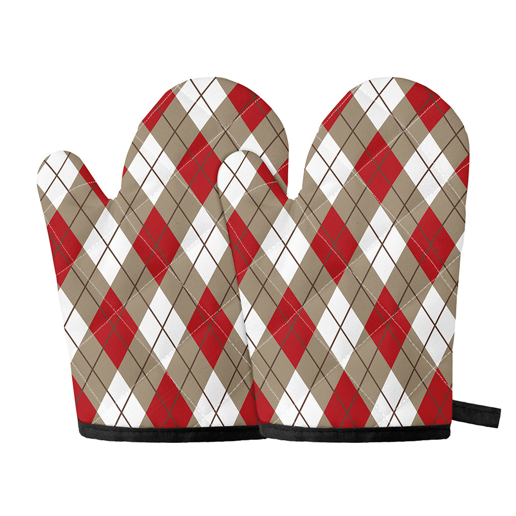 Red White And Beige Argyle Pattern Print Oven Mitts