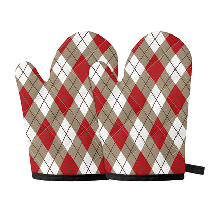 Red White And Beige Argyle Pattern Print Oven Mitts