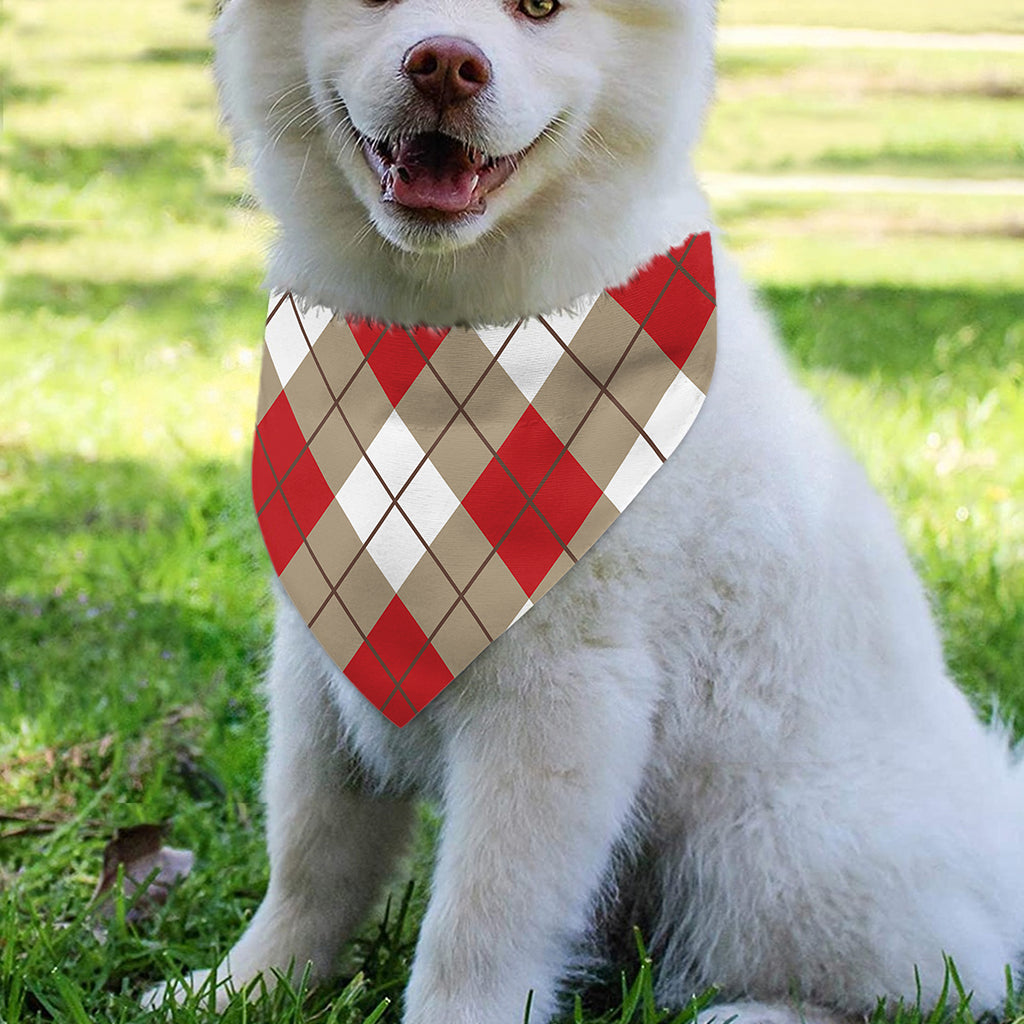 Red White And Beige Argyle Pattern Print Over The Collar Dog Bandana