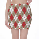 Red White And Beige Argyle Pattern Print Pencil Mini Skirt