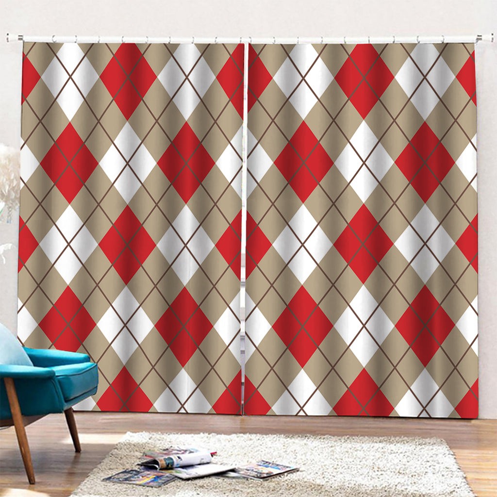 Red White And Beige Argyle Pattern Print Pencil Pleat Curtains