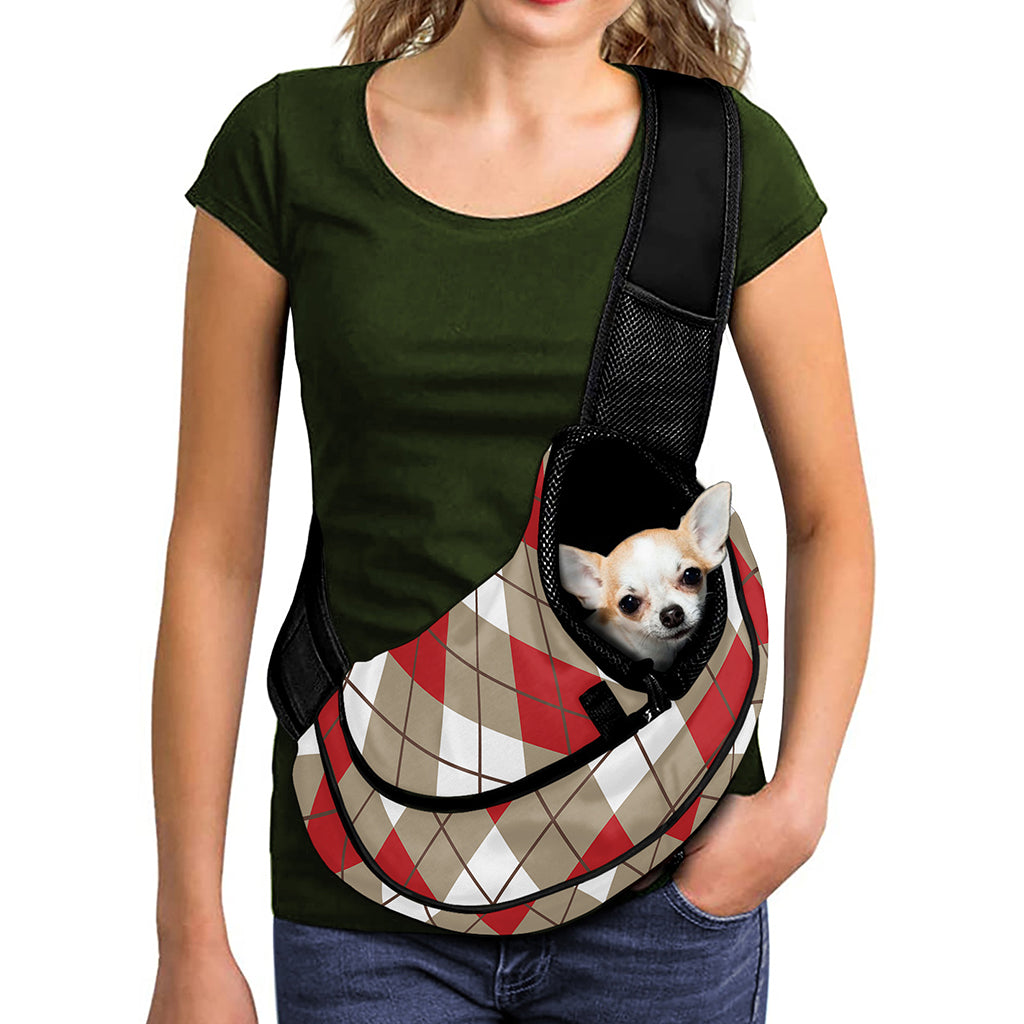 Red White And Beige Argyle Pattern Print Pet Sling Carrier