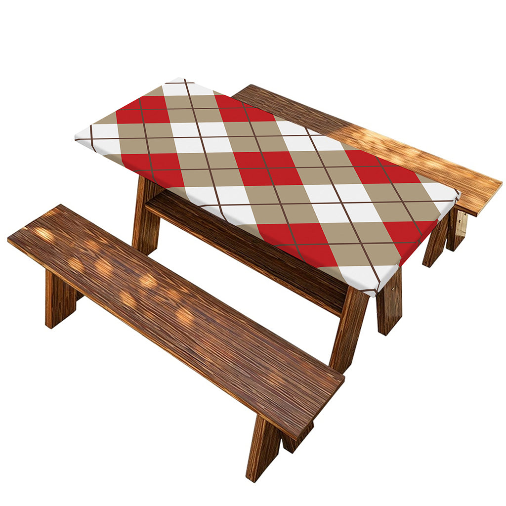 Red White And Beige Argyle Pattern Print Picnic Table Cover