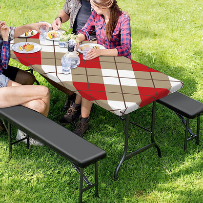 Red White And Beige Argyle Pattern Print Picnic Table Cover