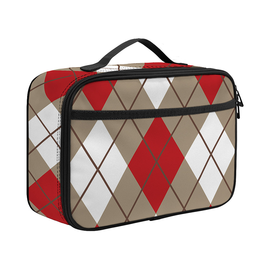 Red White And Beige Argyle Pattern Print Portable Lunch Bag