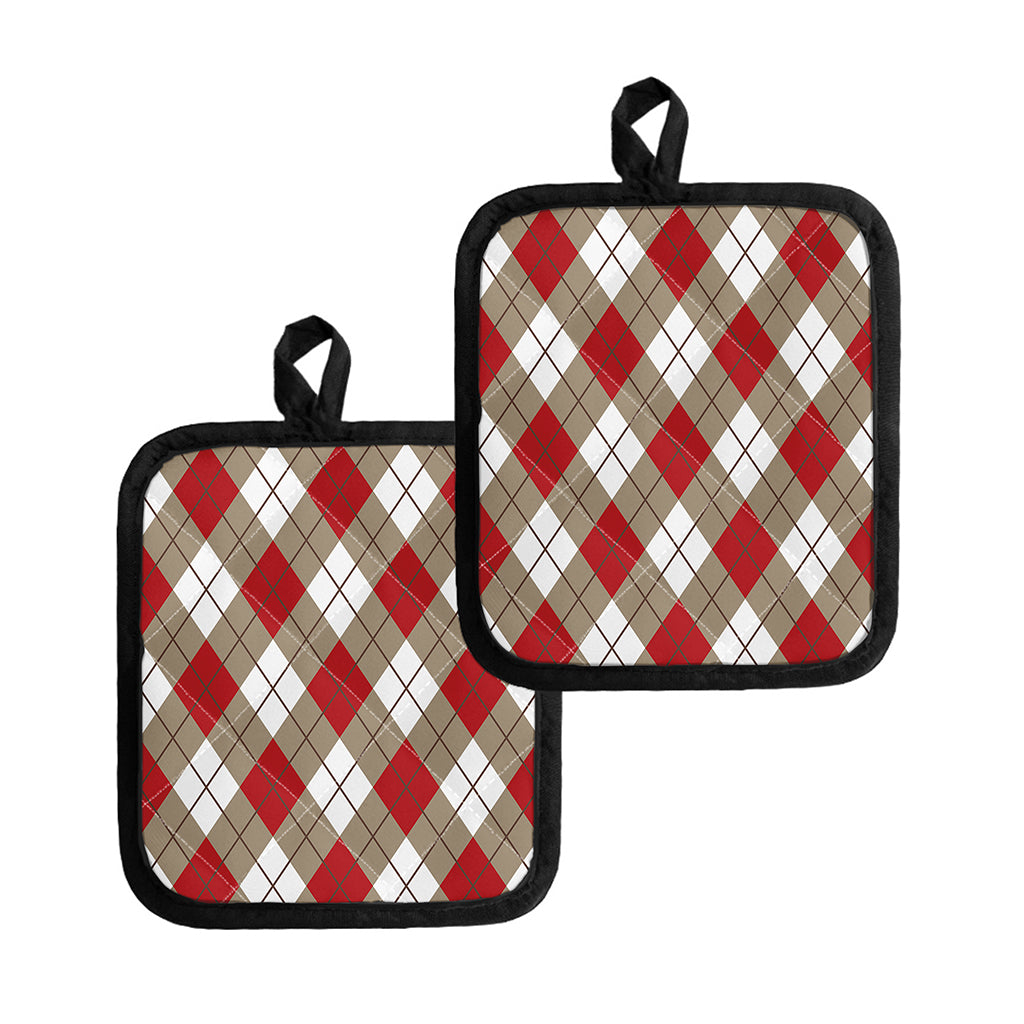 Red White And Beige Argyle Pattern Print Pot Holders