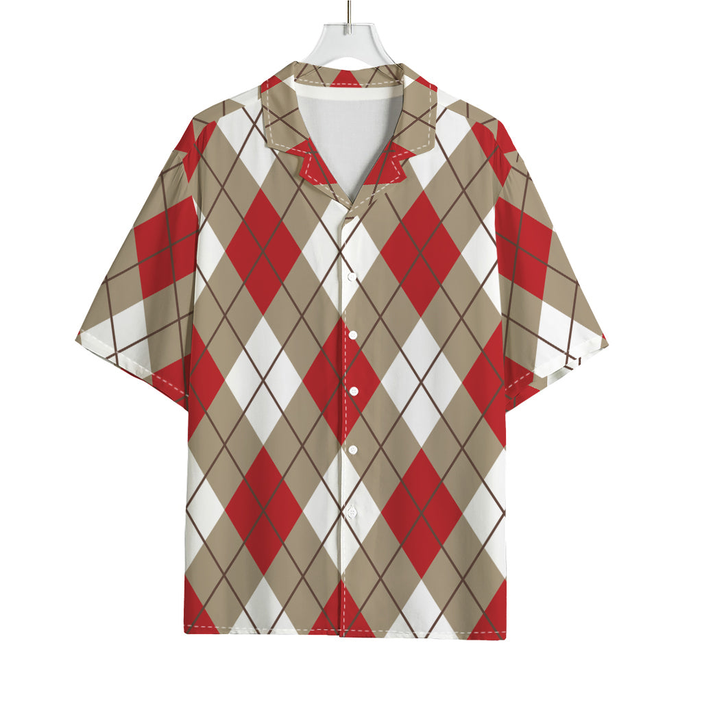 Red White And Beige Argyle Pattern Print Rayon Hawaiian Shirt