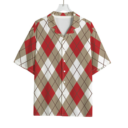 Red White And Beige Argyle Pattern Print Rayon Hawaiian Shirt