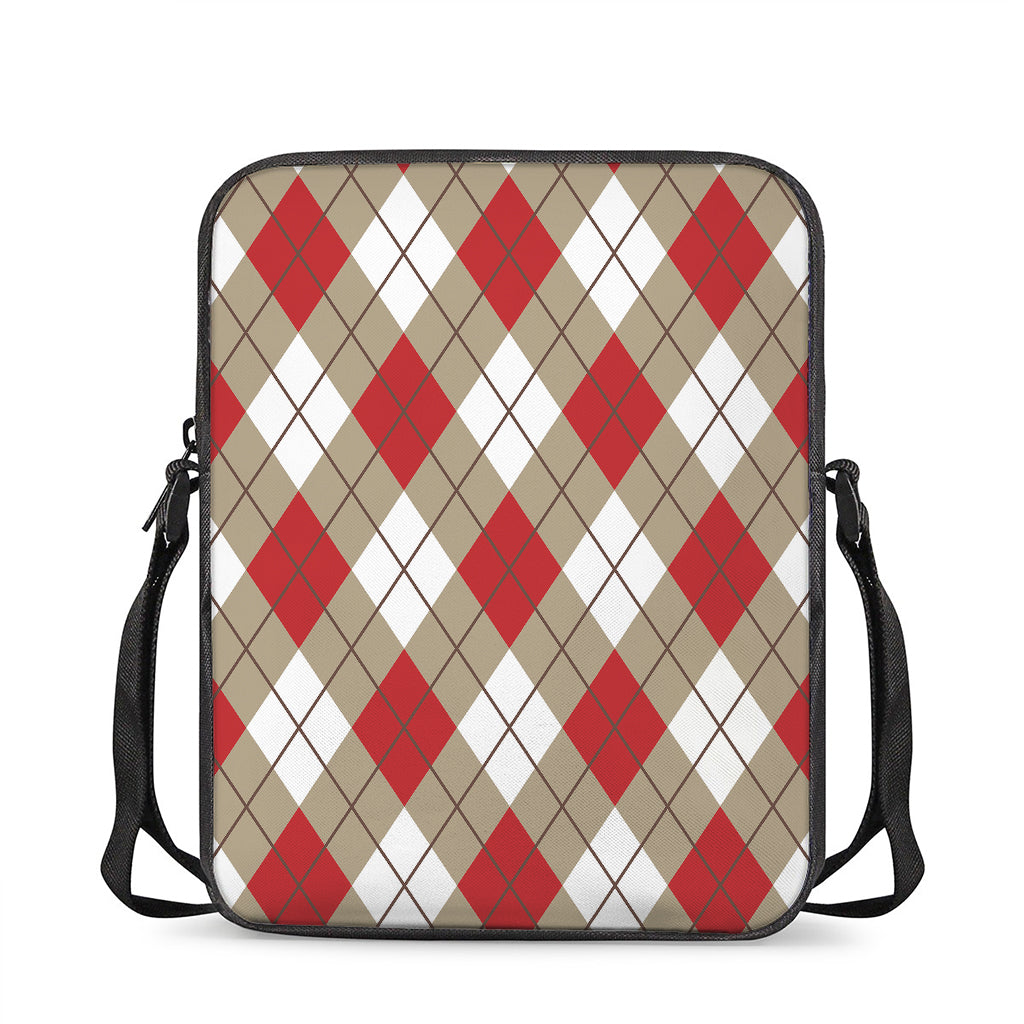 Red White And Beige Argyle Pattern Print Rectangular Crossbody Bag