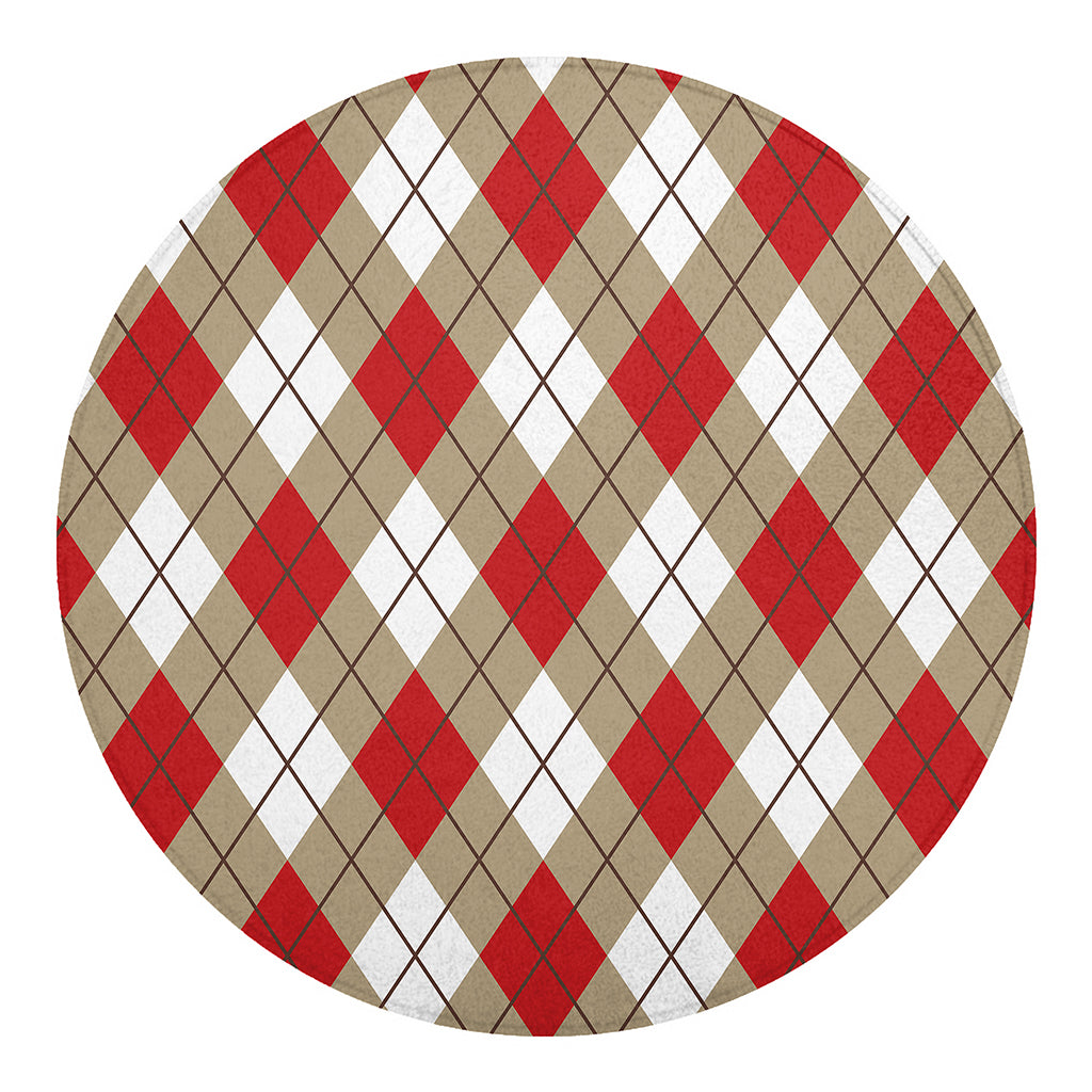 Red White And Beige Argyle Pattern Print Round Blanket
