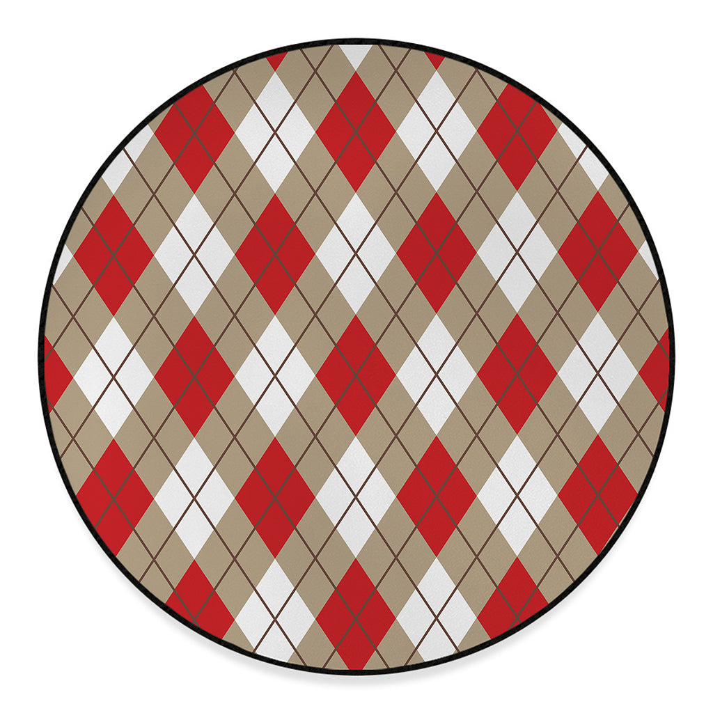 Red White And Beige Argyle Pattern Print Round Floor Mat