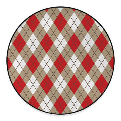 Red White And Beige Argyle Pattern Print Round Floor Mat