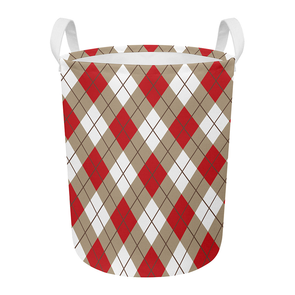 Red White And Beige Argyle Pattern Print Round Laundry Basket