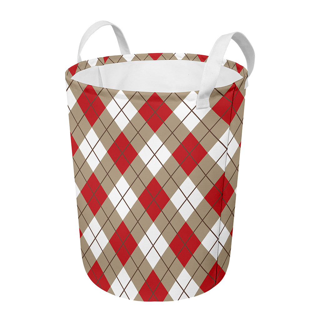 Red White And Beige Argyle Pattern Print Round Laundry Basket