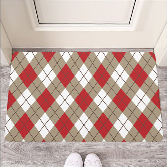 Red White And Beige Argyle Pattern Print Rubber Doormat