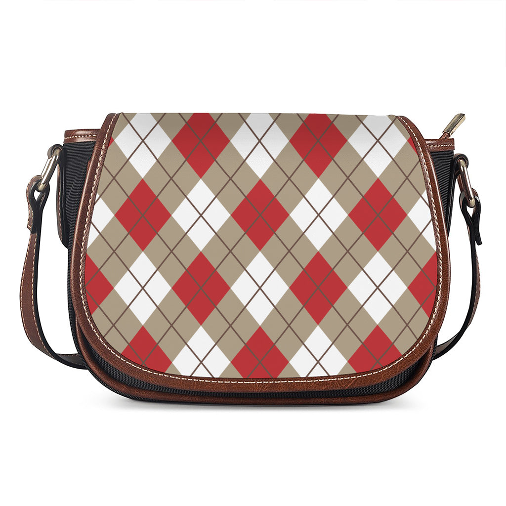 Red White And Beige Argyle Pattern Print Saddle Bag