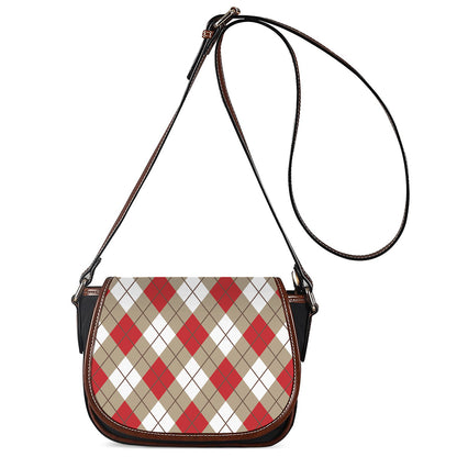 Red White And Beige Argyle Pattern Print Saddle Bag