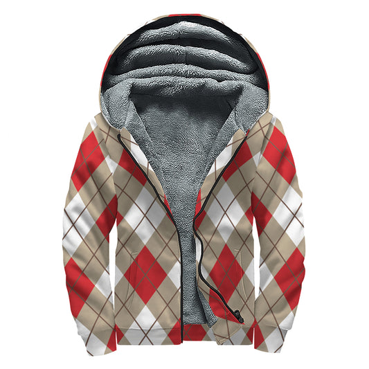 Red White And Beige Argyle Pattern Print Sherpa Lined Zip Up Hoodie