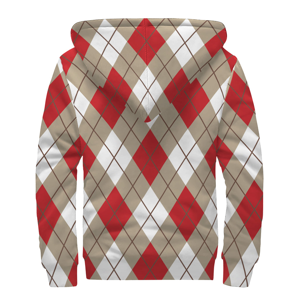 Red White And Beige Argyle Pattern Print Sherpa Lined Zip Up Hoodie