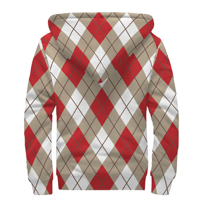 Red White And Beige Argyle Pattern Print Sherpa Lined Zip Up Hoodie
