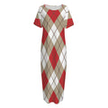 Red White And Beige Argyle Pattern Print Short Sleeve Long Nightdress