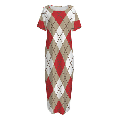 Red White And Beige Argyle Pattern Print Short Sleeve Long Nightdress