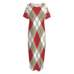 Red White And Beige Argyle Pattern Print Short Sleeve Long Nightdress