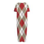 Red White And Beige Argyle Pattern Print Short Sleeve Long Nightdress