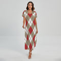 Red White And Beige Argyle Pattern Print Short Sleeve Maxi Dress