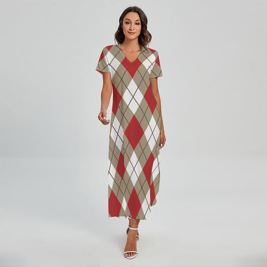 Red White And Beige Argyle Pattern Print Short Sleeve Maxi Dress
